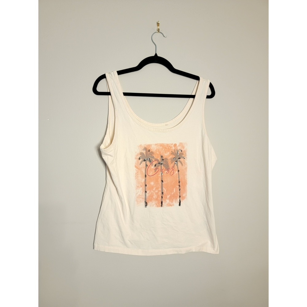 Guess Tank Top‎ Womens Sz XL White Palm Tree Sky Rhinestone Graphic Scoop Neck